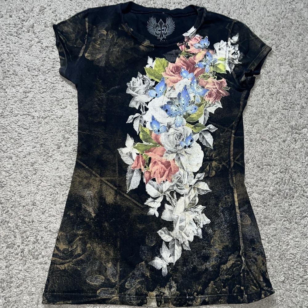 Xzavier Women's S Black V Neck Glitter Floral Top‎ T Shirt Rare!